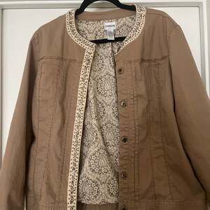 Chico's Brown Denim Beaded Embroidered Trim Casual Blazer Jacket